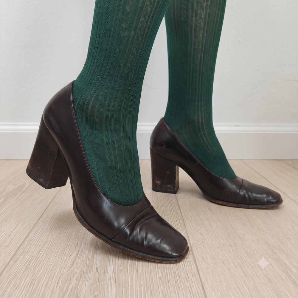Vintage 90s Gucci Womens Pumps 7.5B Brown Leather Block Heel Square‎ Toe Shoes